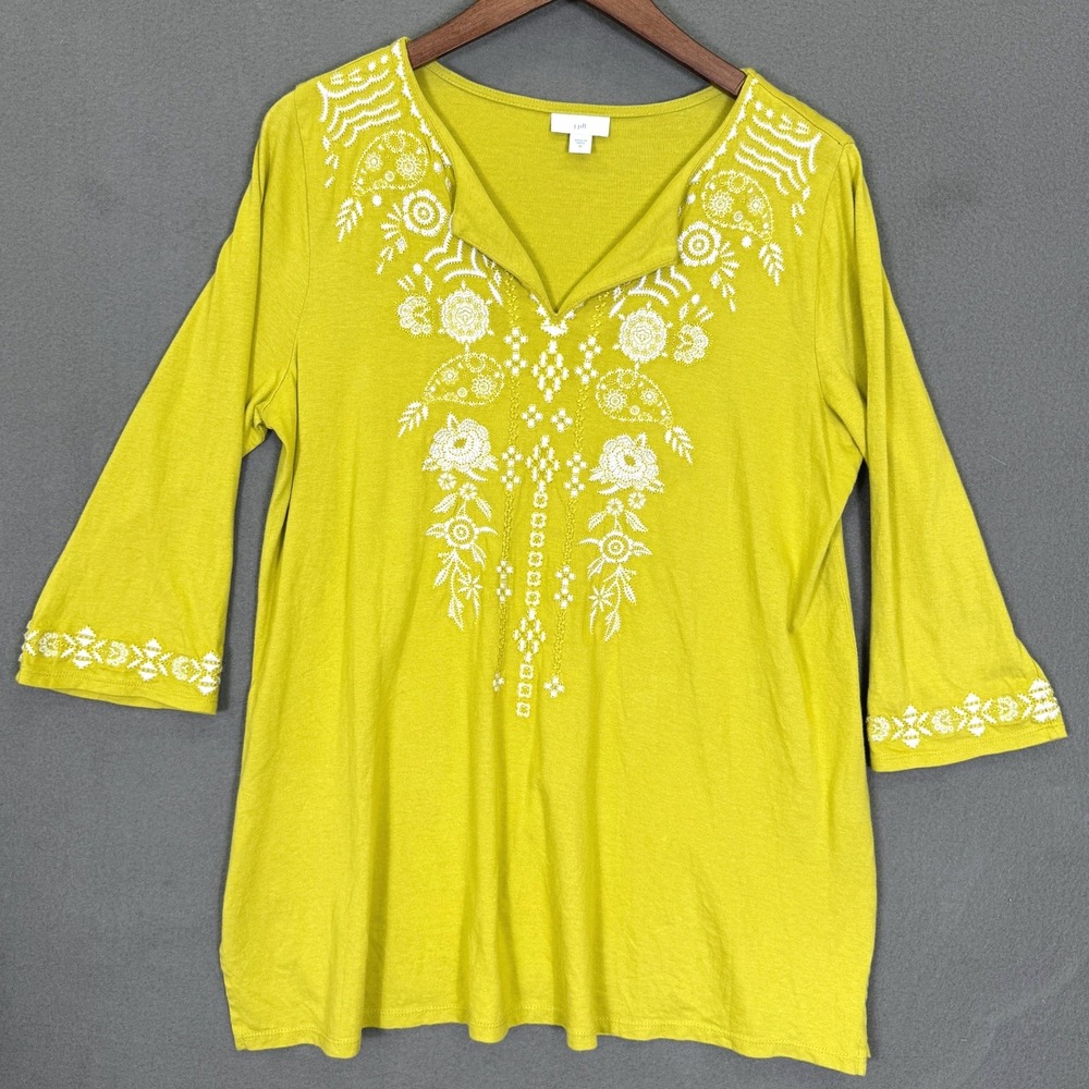 J. Jill Tunic Women M Chartreuse White Embroidered Cotton Tencel 3/4 Sleeve